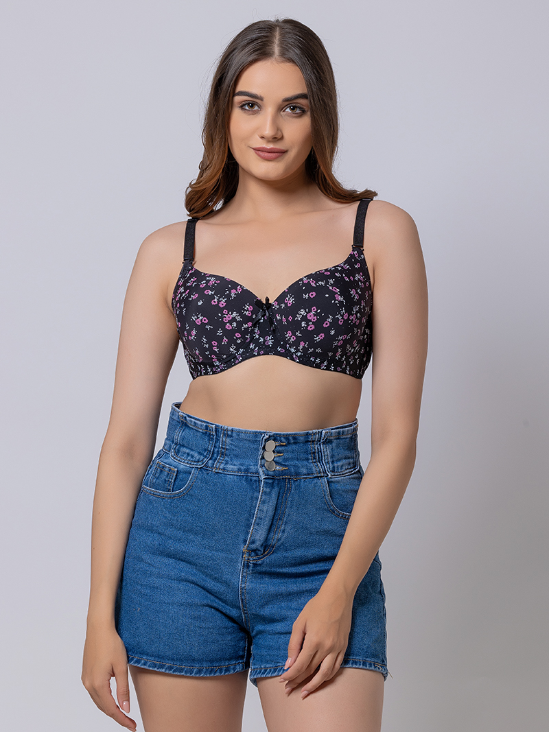 Funky Floral Lightly Padded Underwired Full Cup Bra in Black | Bold & Bae Fashion